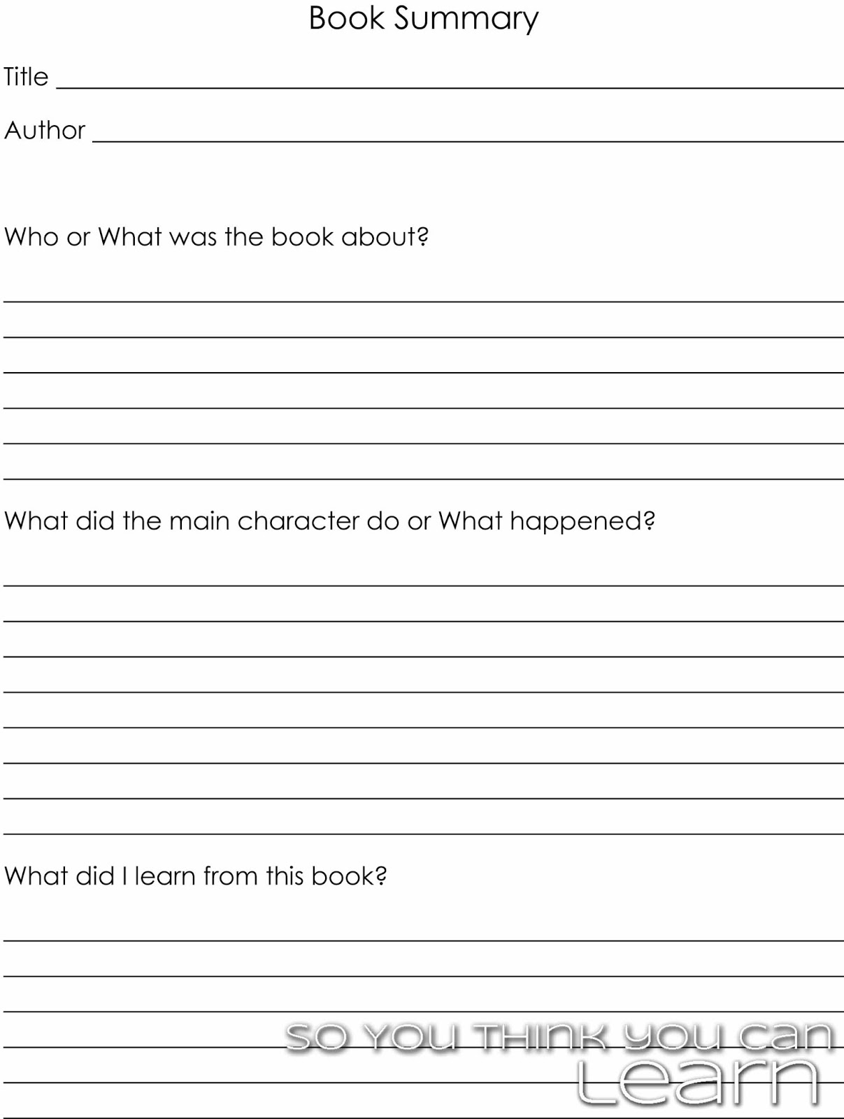 Book report chapter summary template